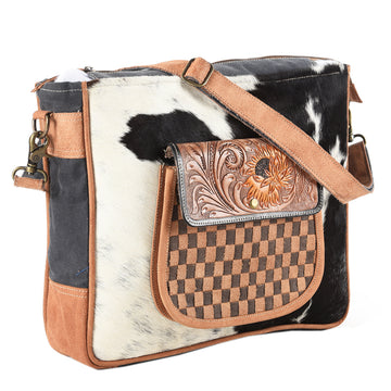 OHLAY OHV173 Messenger Hand Tooled Upcycled Canvas Hair-on Genuine Leather women bag western handbag purse